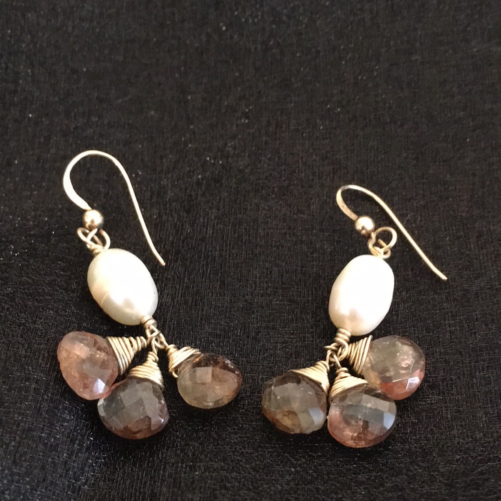 Smoky Quartz faceted gem pearl gold drop earrings